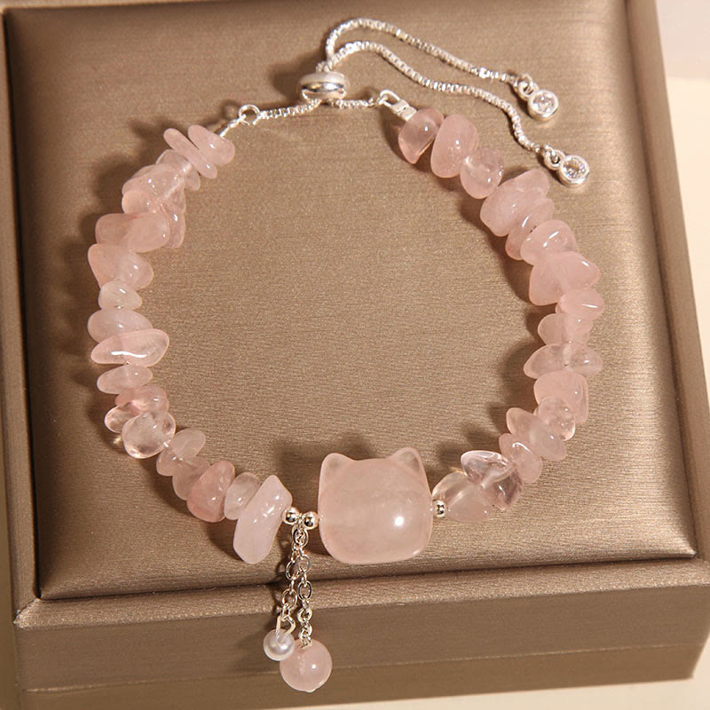 Fortune Jewel Natural Pink Crystal Agate Gravel Stone Cat Head Soothing Bracelet