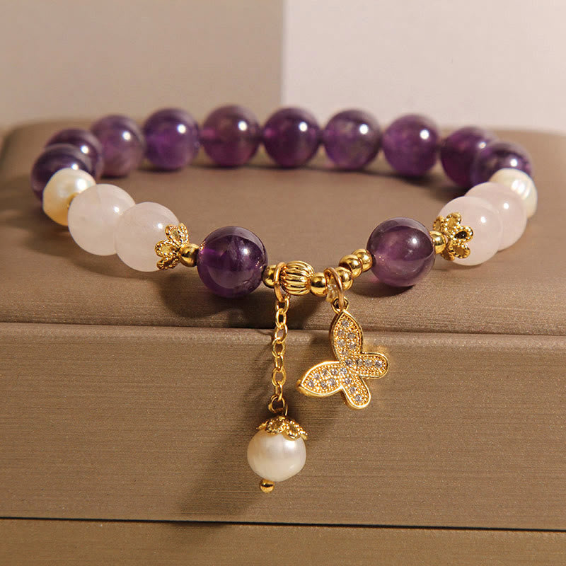 Fortune Jewel Natural Amethyst Pearl Crystal Spiritual Healing Butterfly Charm Bracelet