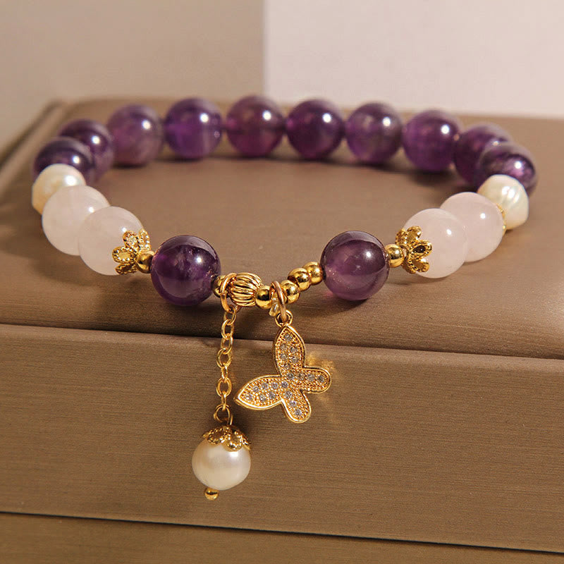 Fortune Jewel Natural Amethyst Pearl Crystal Spiritual Healing Butterfly Charm Bracelet