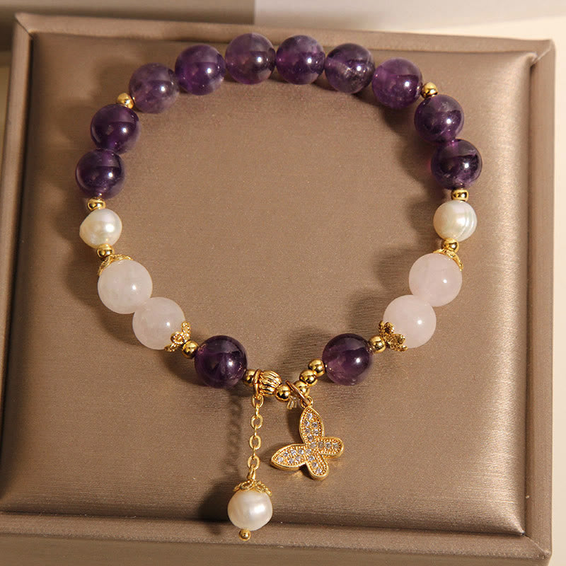Fortune Jewel Natural Amethyst Pearl Crystal Spiritual Healing Butterfly Charm Bracelet