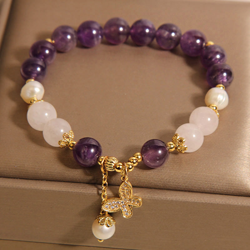 Fortune Jewel Natural Amethyst Pearl Crystal Spiritual Healing Butterfly Charm Bracelet