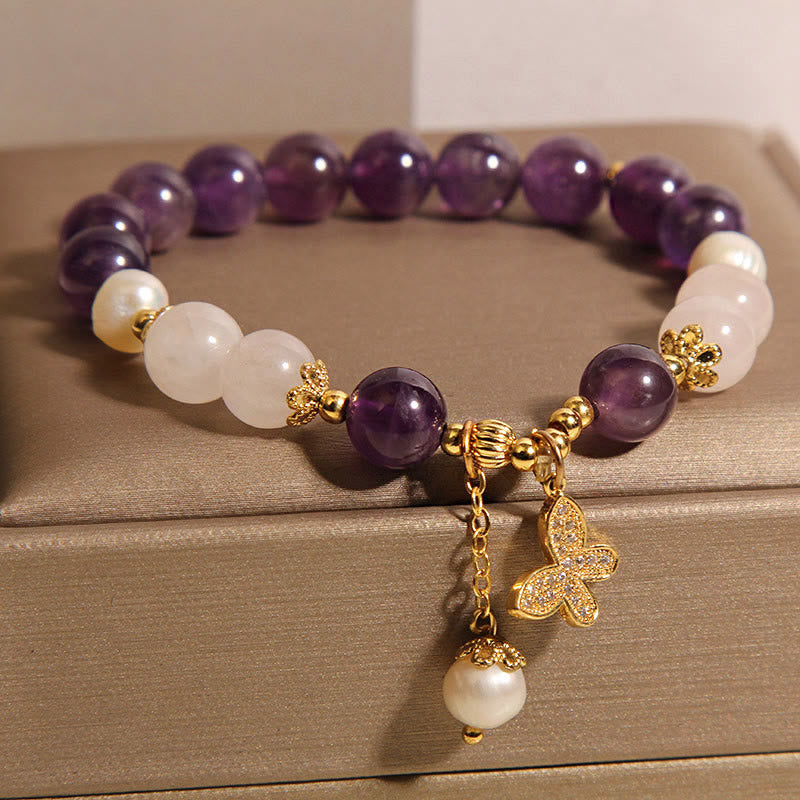 Fortune Jewel Natural Amethyst Pearl Crystal Spiritual Healing Butterfly Charm Bracelet