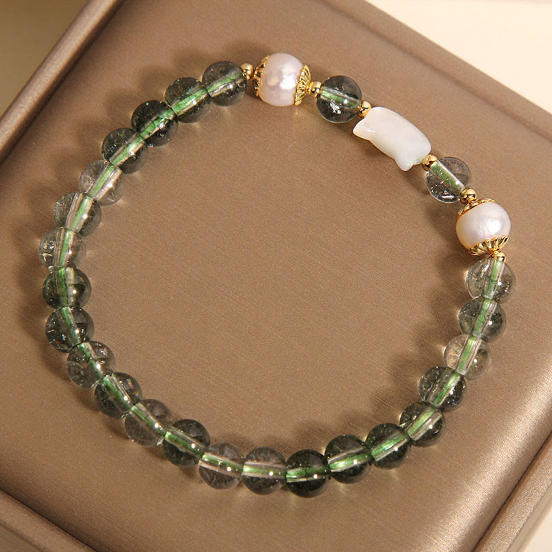 Fortune Jewel Natural Green Phantom Pearl Shell Cat Head Lucky Bracelet