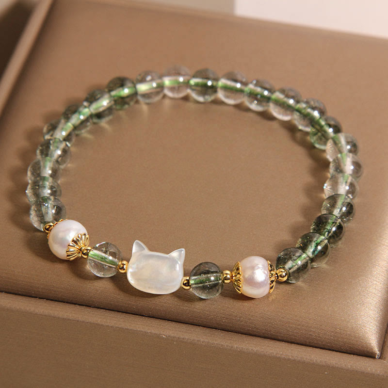 Fortune Jewel Natural Green Phantom Pearl Shell Cat Head Lucky Bracelet