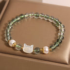 Fortune Jewel Natural Green Phantom Pearl Shell Cat Head Lucky Bracelet