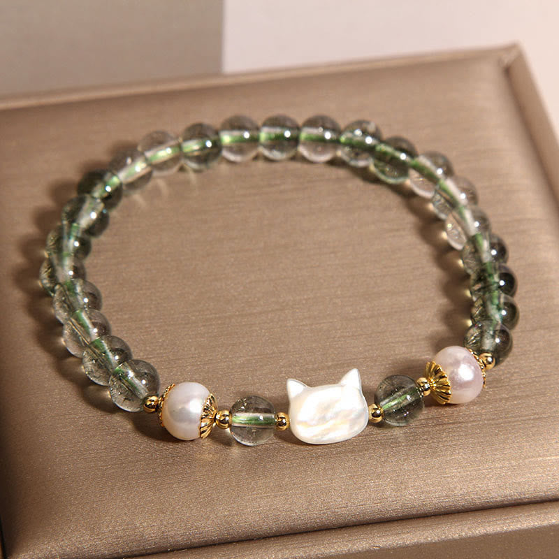 Fortune Jewel Natural Green Phantom Pearl Shell Cat Head Lucky Bracelet