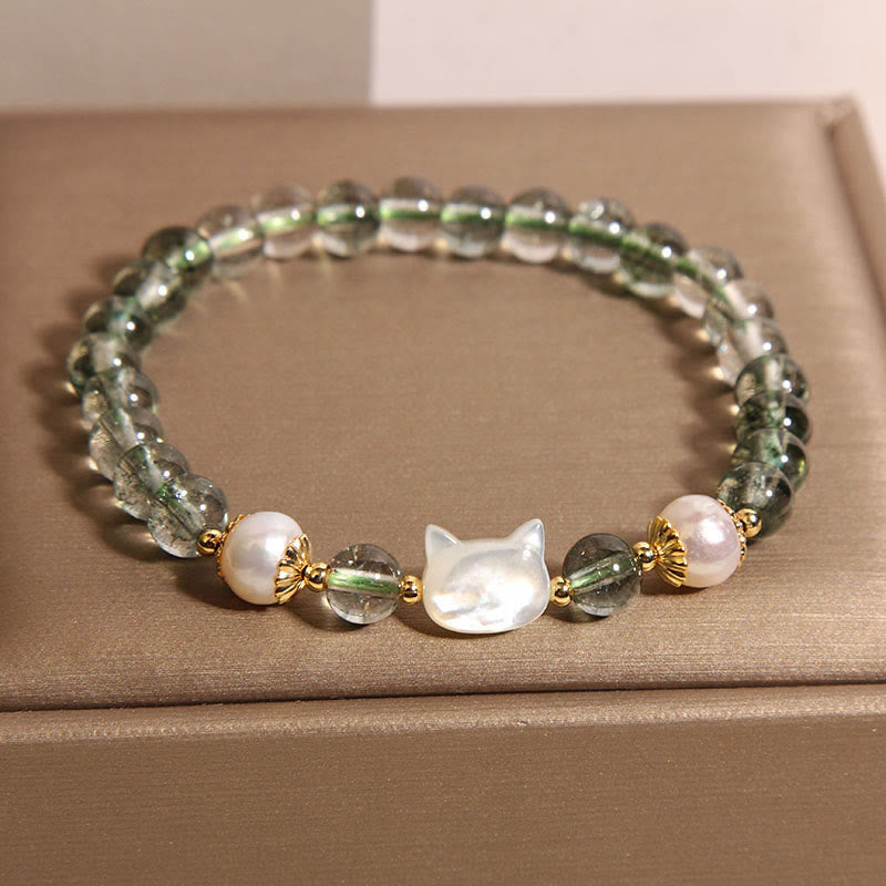 Fortune Jewel Natural Green Phantom Pearl Shell Cat Head Lucky Bracelet