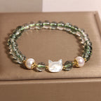 Fortune Jewel Natural Green Phantom Pearl Shell Cat Head Lucky Bracelet