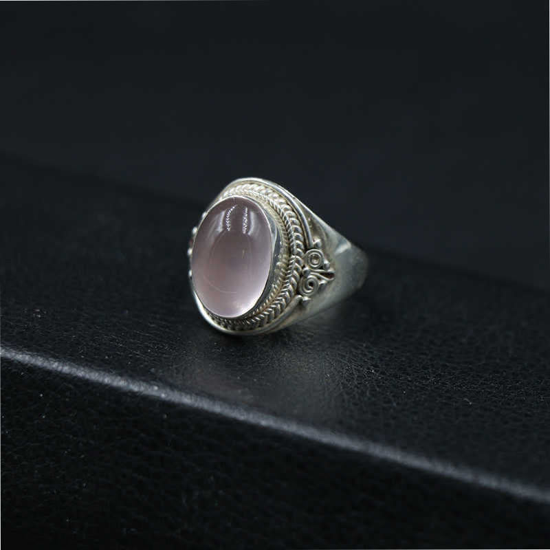 Fortune Jewel 925 Sterling Silver Handmade Natural Rose Quartz Loving Energy Adjustable Ring