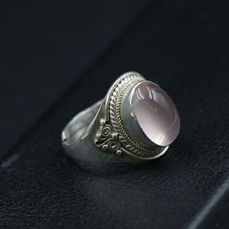 Fortune Jewel 925 Sterling Silver Handmade Natural Rose Quartz Loving Energy Adjustable Ring