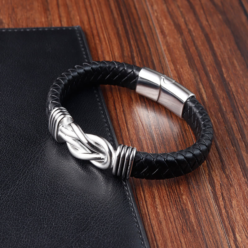 Fortune Jewel Endless Knot Pattern Titanium Steel Balance Leather Buckle Bracelet
