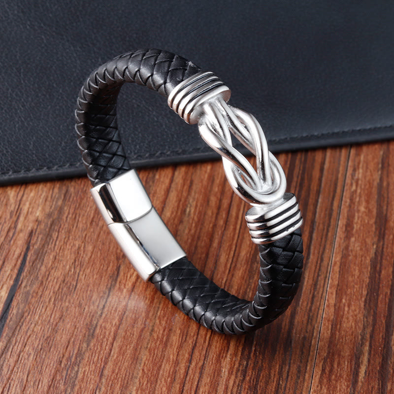 Fortune Jewel Endless Knot Pattern Titanium Steel Balance Leather Buckle Bracelet