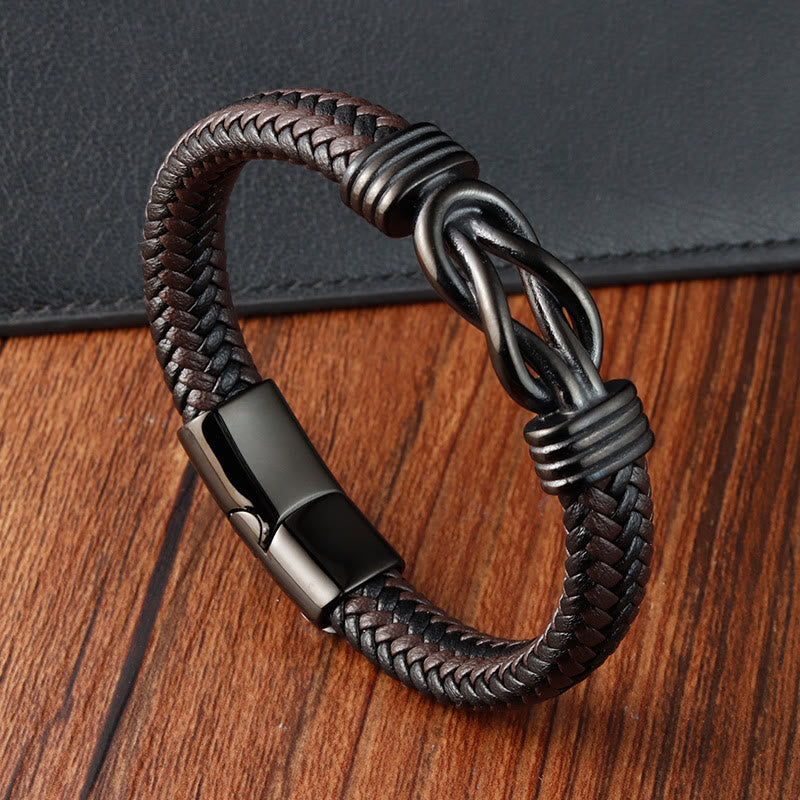 Fortune Jewel Endless Knot Pattern Titanium Steel Balance Leather Buckle Bracelet