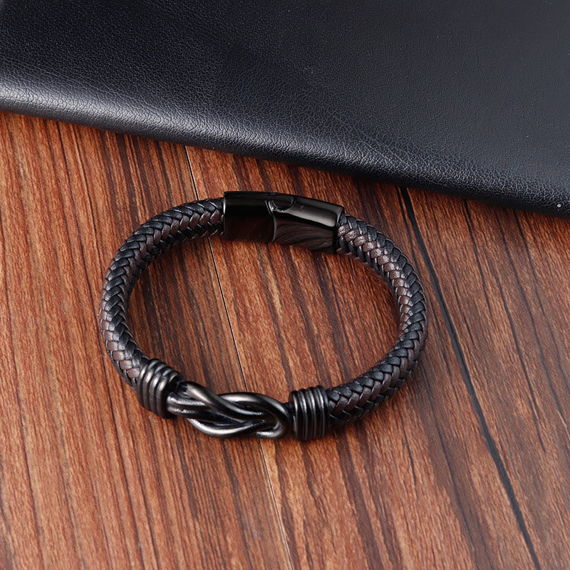 Fortune Jewel Endless Knot Pattern Titanium Steel Balance Leather Buckle Bracelet