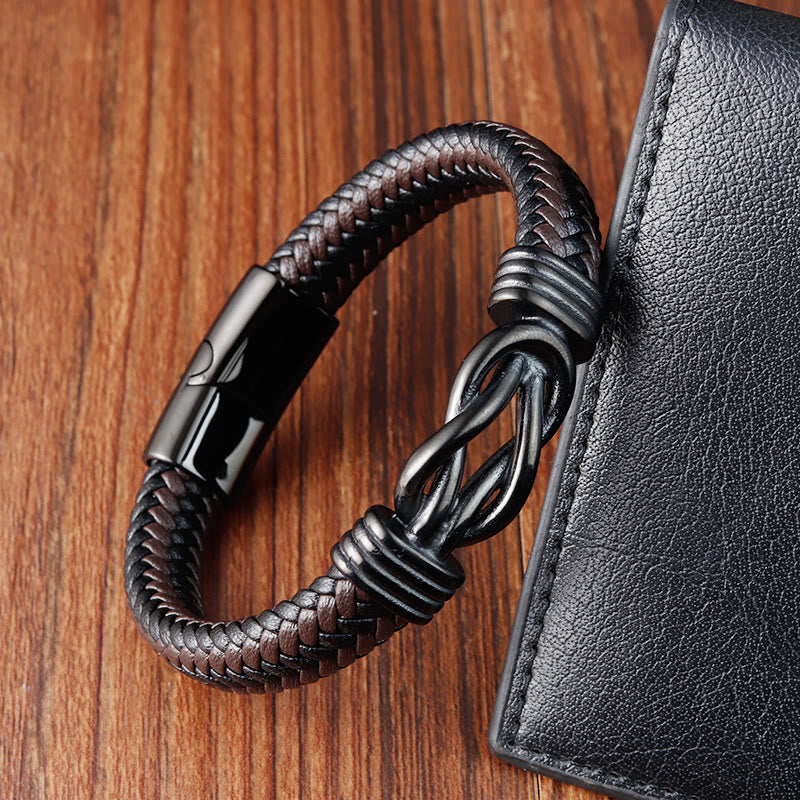 Fortune Jewel Endless Knot Pattern Titanium Steel Balance Leather Buckle Bracelet