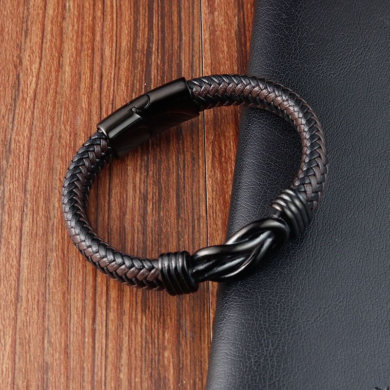 Fortune Jewel Endless Knot Pattern Titanium Steel Balance Leather Buckle Bracelet