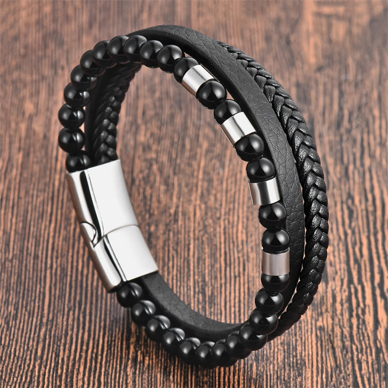 Fortune Jewel Frosted Stone Multi-layer Leather Titanium Steel Balance Buckle Bracelet