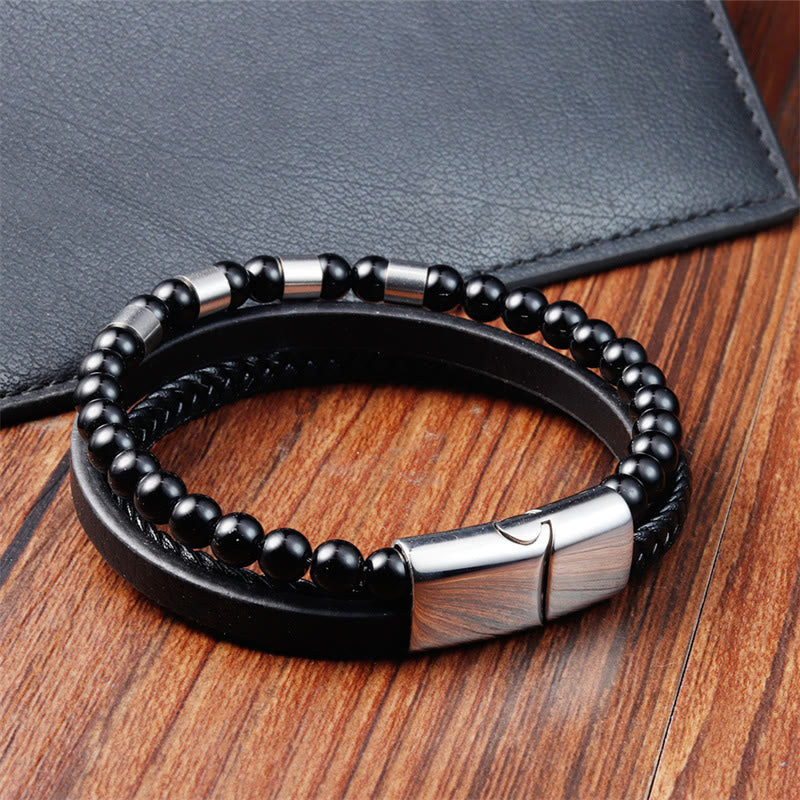 Fortune Jewel Frosted Stone Multi-layer Leather Titanium Steel Balance Buckle Bracelet