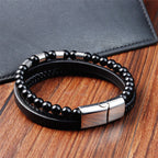 Fortune Jewel Frosted Stone Multi-layer Leather Titanium Steel Balance Buckle Bracelet
