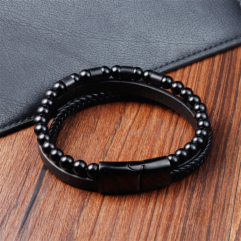 Fortune Jewel Frosted Stone Multi-layer Leather Titanium Steel Balance Buckle Bracelet