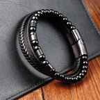 Fortune Jewel Frosted Stone Multi-layer Leather Titanium Steel Balance Buckle Bracelet