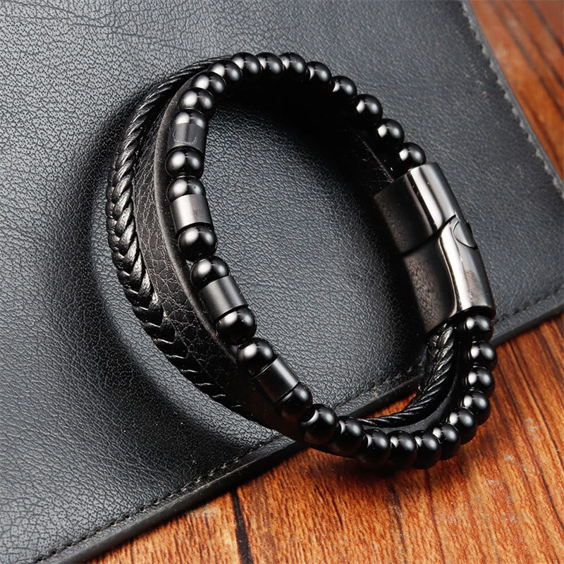 Fortune Jewel Frosted Stone Multi-layer Leather Titanium Steel Balance Buckle Bracelet