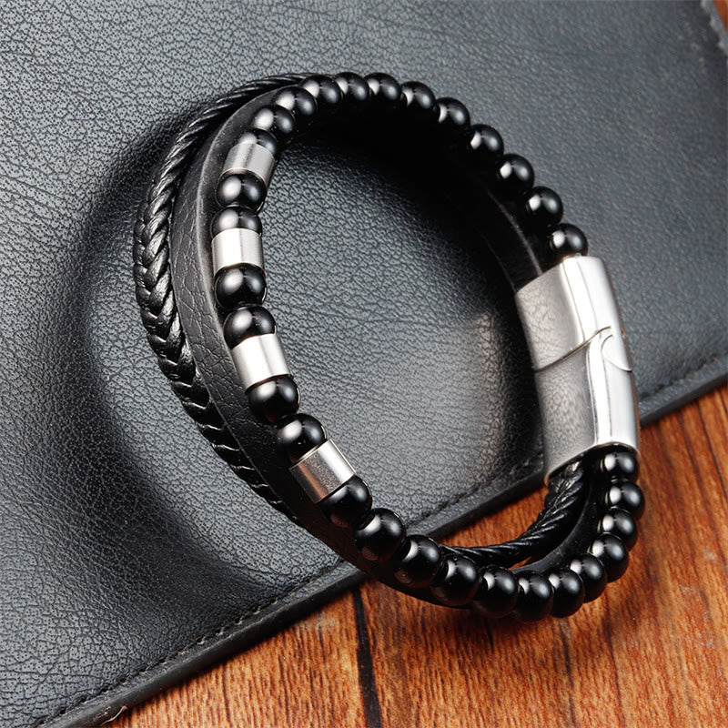 Fortune Jewel Frosted Stone Multi-layer Leather Titanium Steel Balance Buckle Bracelet