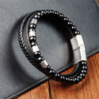 Fortune Jewel Frosted Stone Multi-layer Leather Titanium Steel Balance Buckle Bracelet