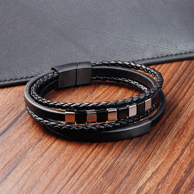 Fortune Jewel Square Titanium Steel Leather Multi-layer Buckle Calm Bracelet