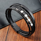 Fortune Jewel Square Titanium Steel Leather Multi-layer Buckle Calm Bracelet