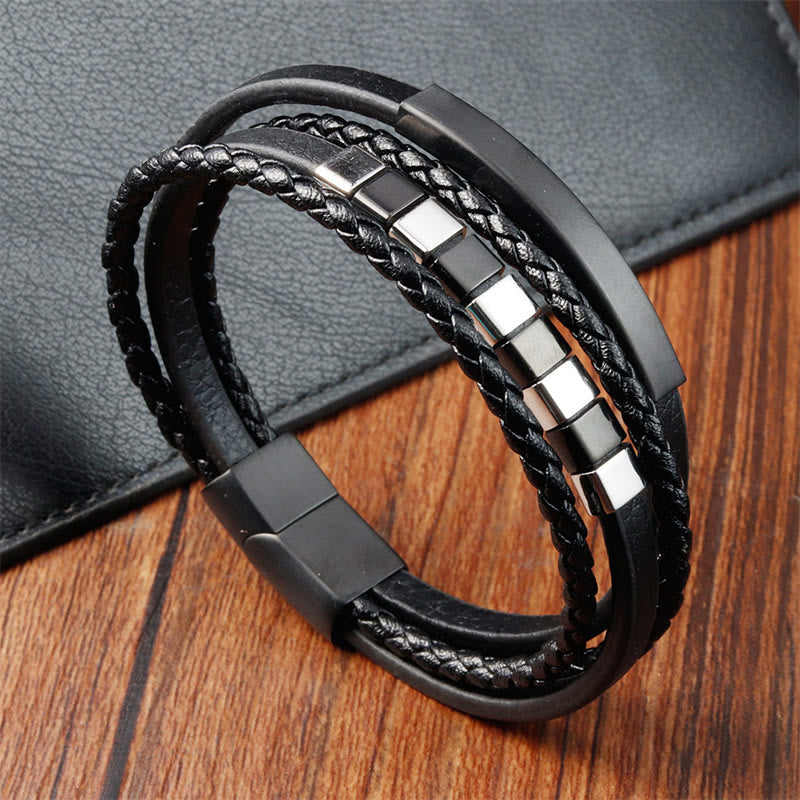 Fortune Jewel Square Titanium Steel Leather Multi-layer Buckle Calm Bracelet