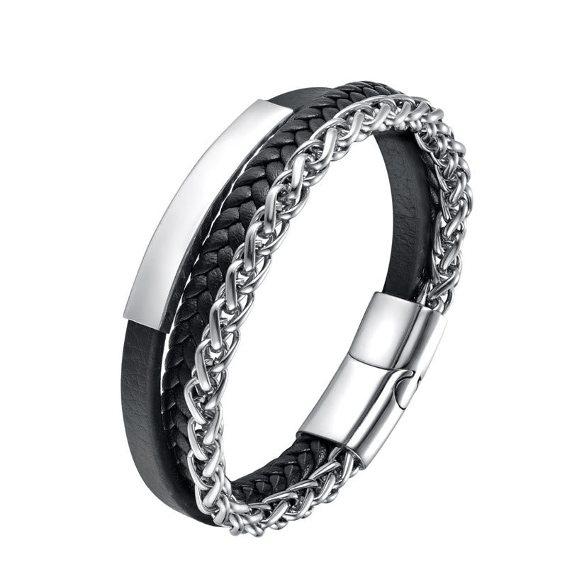 Fortune Jewel Woven Pattern Titanium Steel Stimulation Multi-layer Leather Buckle Bracelet