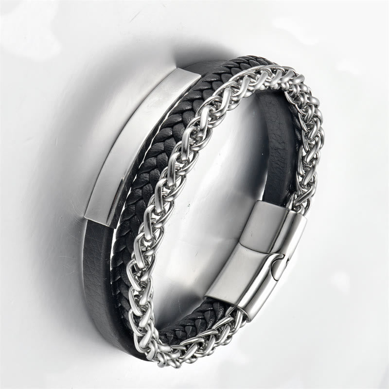 Fortune Jewel Woven Pattern Titanium Steel Stimulation Multi-layer Leather Buckle Bracelet