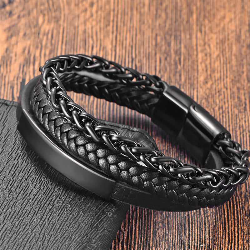 Fortune Jewel Woven Pattern Titanium Steel Stimulation Multi-layer Leather Buckle Bracelet