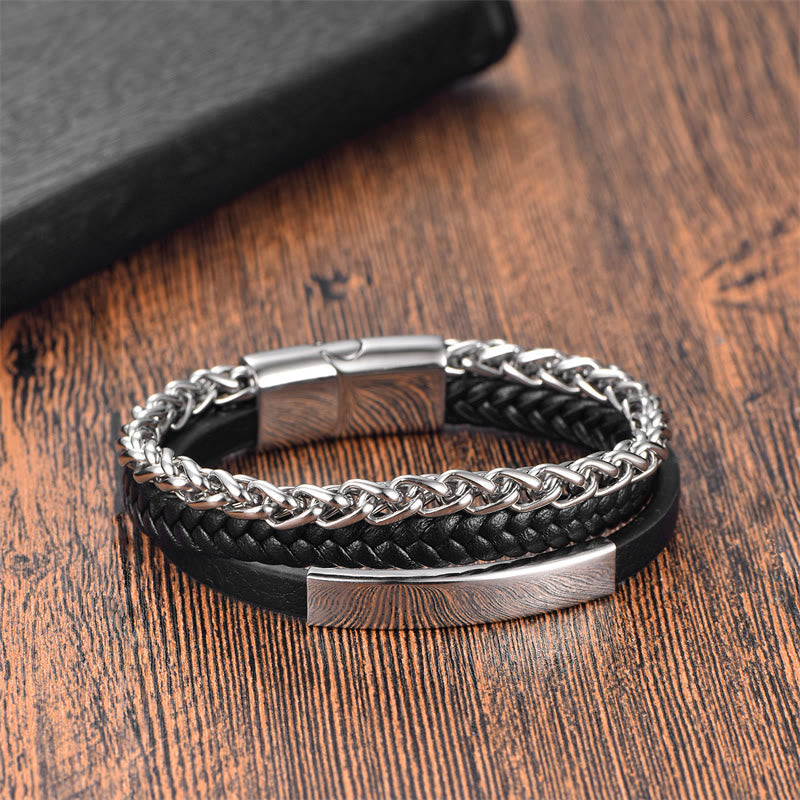 Fortune Jewel Woven Pattern Titanium Steel Stimulation Multi-layer Leather Buckle Bracelet