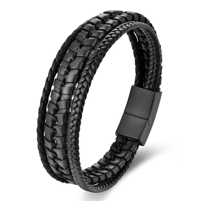 Fortune Jewel Simple Braided Pattern Titanium Steel Strengthen Multi-layer Leather Buckle Bracelet
