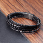 Fortune Jewel Simple Braided Pattern Titanium Steel Strengthen Multi-layer Leather Buckle Bracelet
