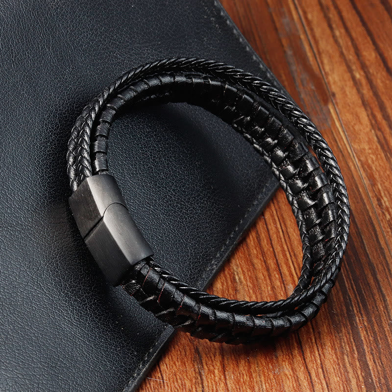 Fortune Jewel Simple Braided Pattern Titanium Steel Strengthen Multi-layer Leather Buckle Bracelet