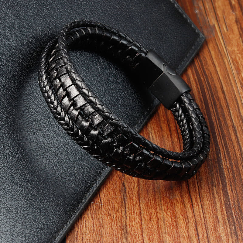 Fortune Jewel Simple Braided Pattern Titanium Steel Strengthen Multi-layer Leather Buckle Bracelet