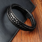 Fortune Jewel Simple Braided Pattern Titanium Steel Strengthen Multi-layer Leather Buckle Bracelet