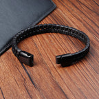 Fortune Jewel Simple Braided Pattern Titanium Steel Strengthen Multi-layer Leather Buckle Bracelet