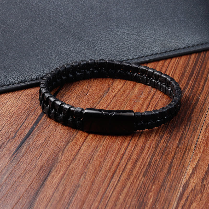 Fortune Jewel Simple Braided Pattern Titanium Steel Strengthen Multi-layer Leather Buckle Bracelet