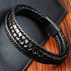 Fortune Jewel Simple Braided Pattern Titanium Steel Strengthen Multi-layer Leather Buckle Bracelet