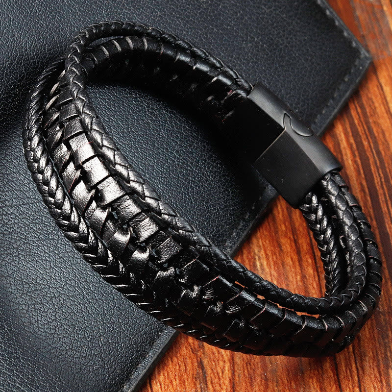 Fortune Jewel Simple Braided Pattern Titanium Steel Strengthen Multi-layer Leather Buckle Bracelet