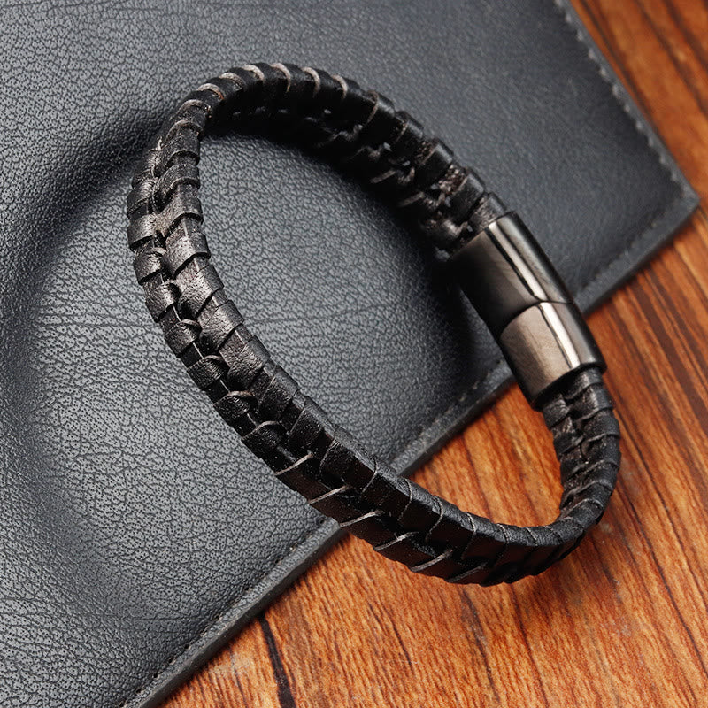 Fortune Jewel Simple Braided Pattern Titanium Steel Strengthen Multi-layer Leather Buckle Bracelet