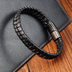 Fortune Jewel Simple Braided Pattern Titanium Steel Strengthen Multi-layer Leather Buckle Bracelet