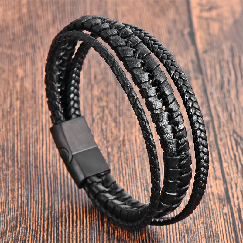 Fortune Jewel Simple Braided Pattern Titanium Steel Strengthen Multi-layer Leather Buckle Bracelet