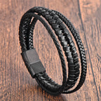 Fortune Jewel Simple Braided Pattern Titanium Steel Strengthen Multi-layer Leather Buckle Bracelet