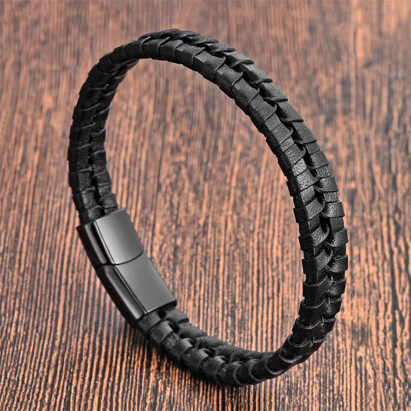 Fortune Jewel Simple Braided Pattern Titanium Steel Strengthen Multi-layer Leather Buckle Bracelet