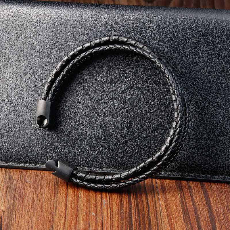 Fortune Jewel Simple Braided Pattern Titanium Steel Strengthen Multi-layer Leather Buckle Bracelet